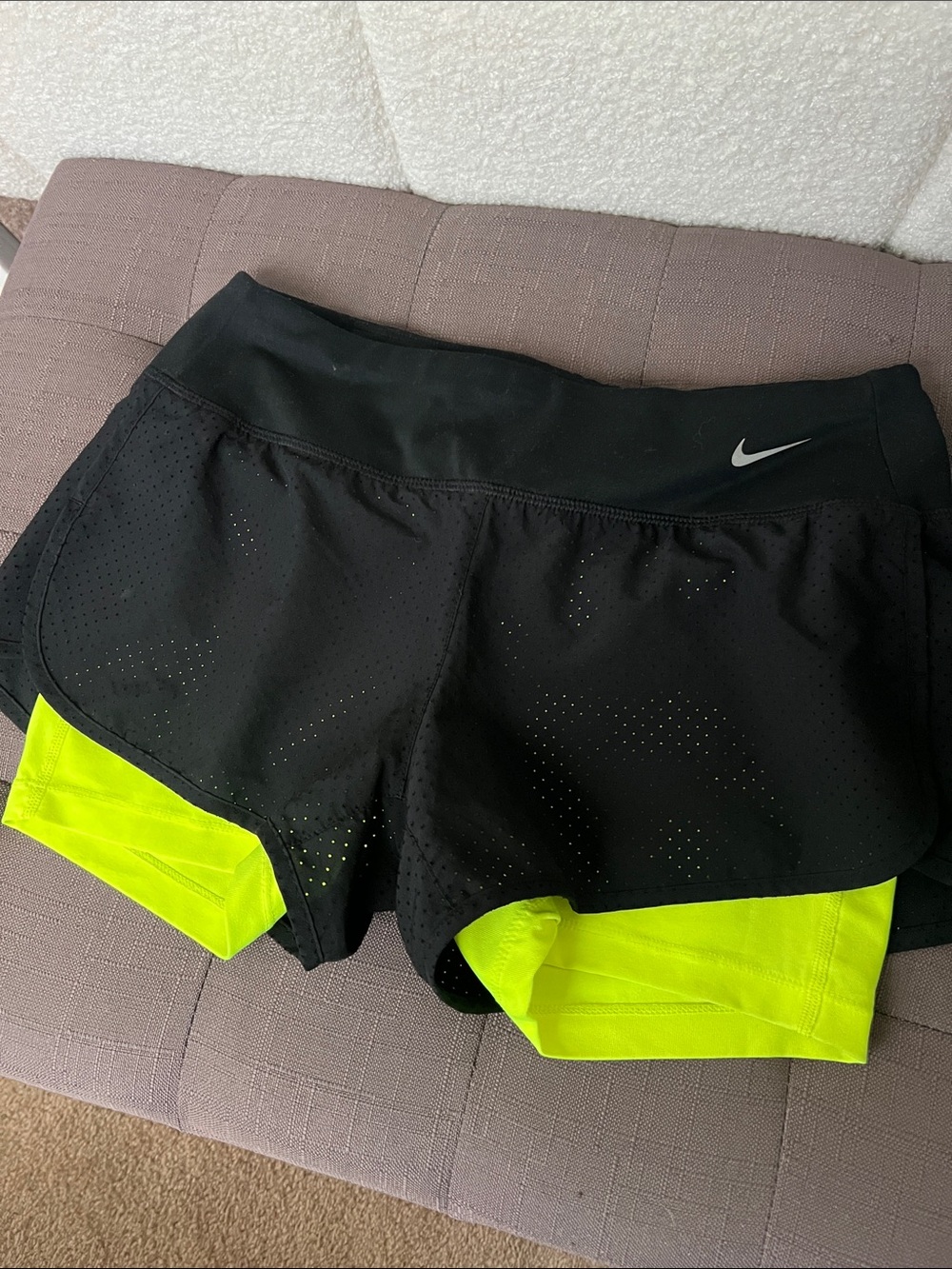Nike Women’s Black Perforated Shorts w Neon Yellow Liner Athletic Running Shorts